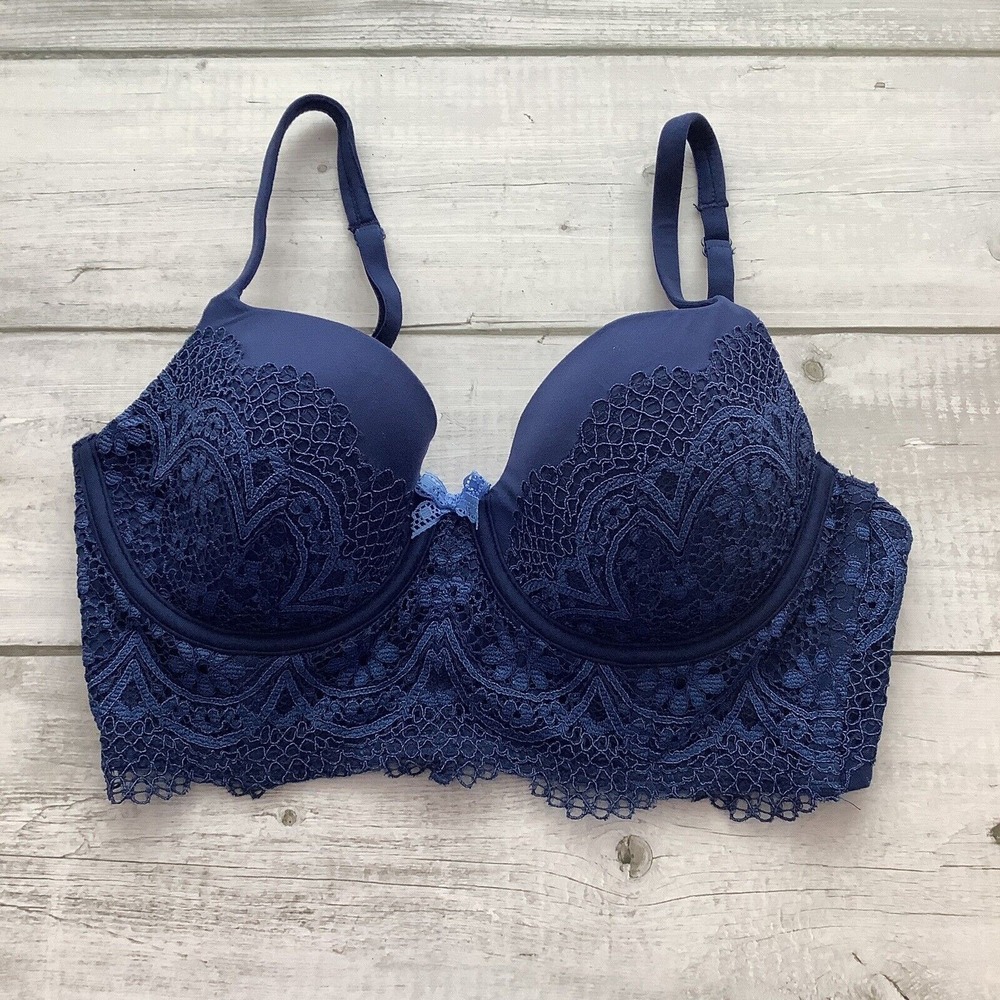 Victoria's Secret Women 32D Bra Body By Victoria Longline Lined Demi Navy Blue